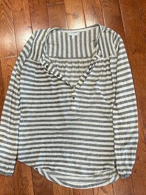 Lucky Brand Gray and White Striped Long Sleeve Henley Top